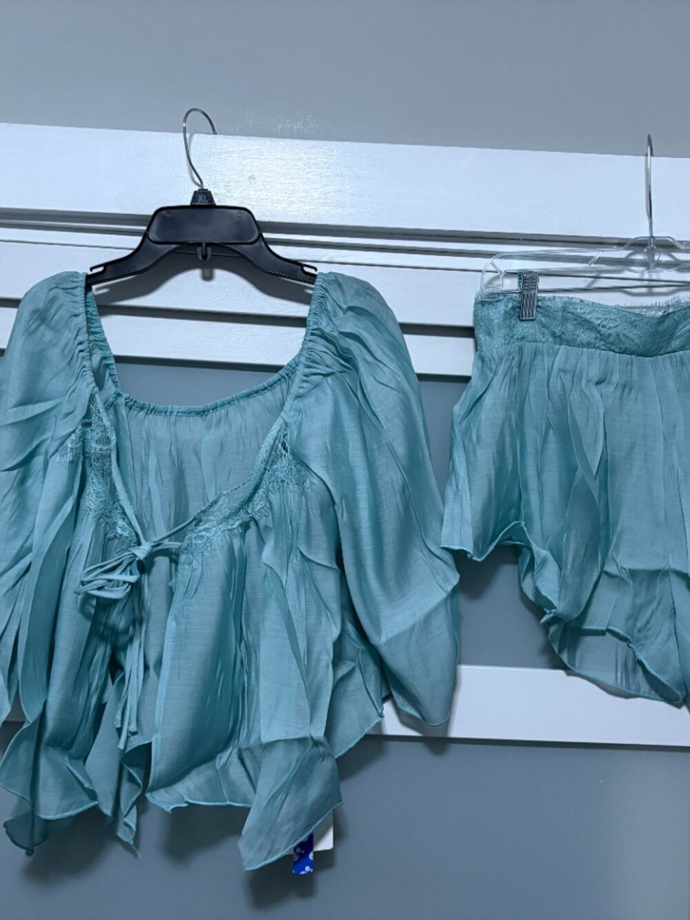 Cider Baby Blue Flowy Boho 2 pc Short Ruffle Shirt Set sz L   NEW NIP
